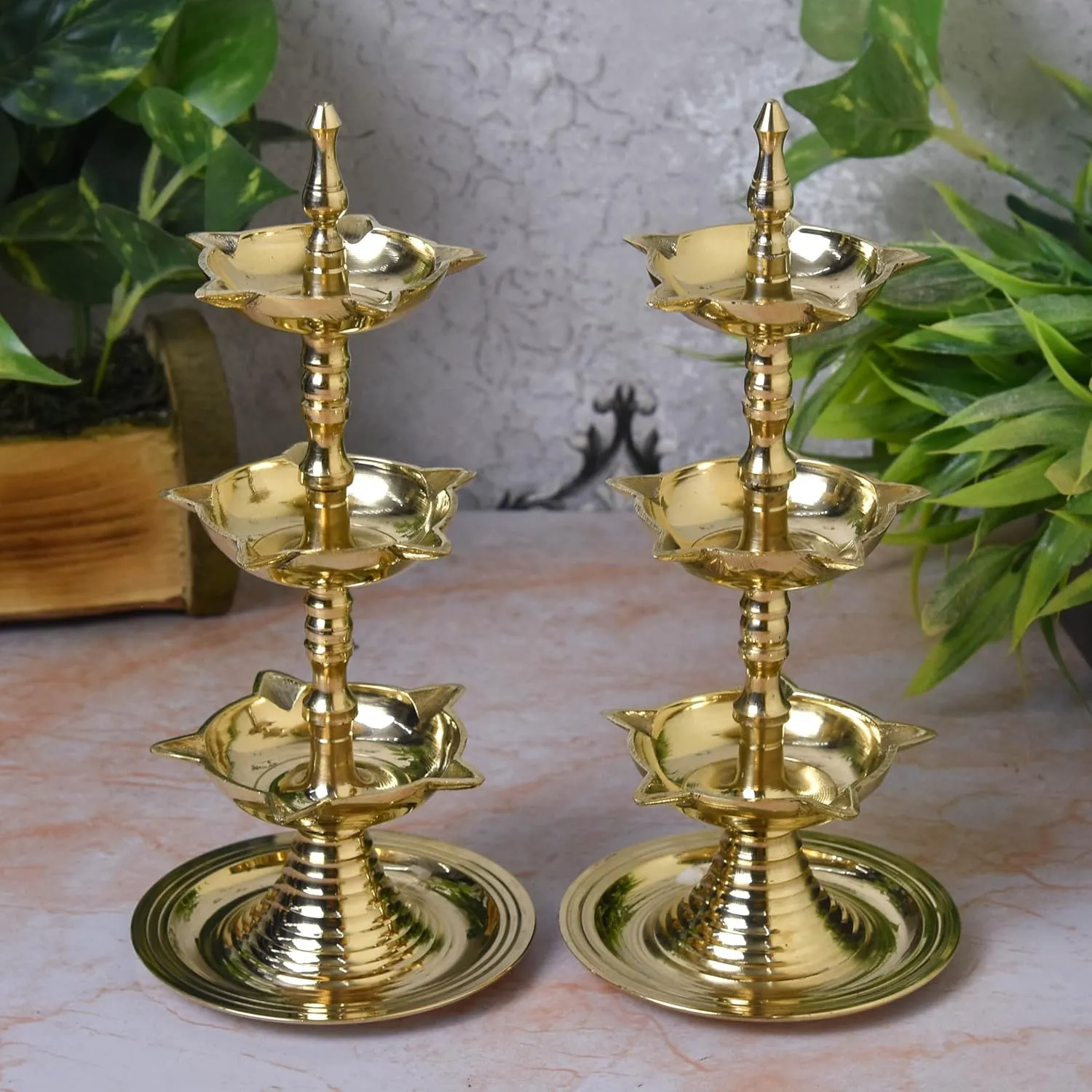Neetu Arts Pure Brass 3-Layer Kerala Diya | 6 Inches | Traditional Pooja Lamp (Pair)